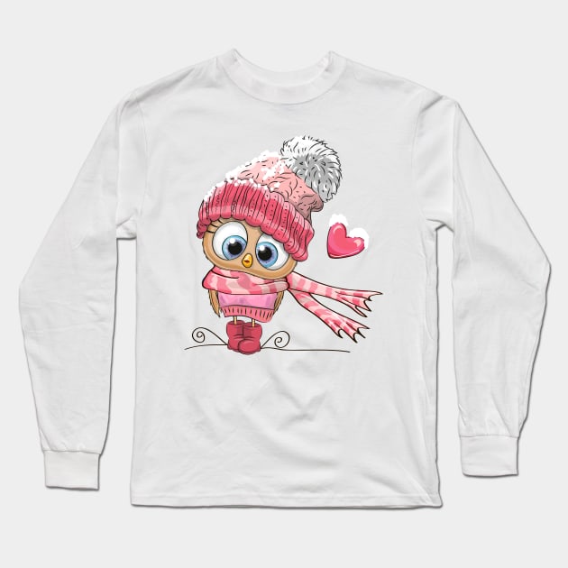 Cute owl in a winter hat and scarf Long Sleeve T-Shirt by Reginast777